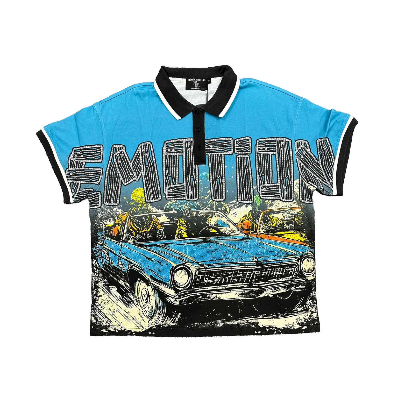 Mixed Emotions Road Rage Blue Graphic Polo Shirt Mixed Emotions Road Rage Blue Graphic Polo Shirt